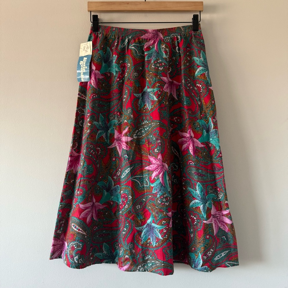 Vintage 70s Retro Floral Paisley Print Modest‎ Pull On Midi Skirt Womens 16